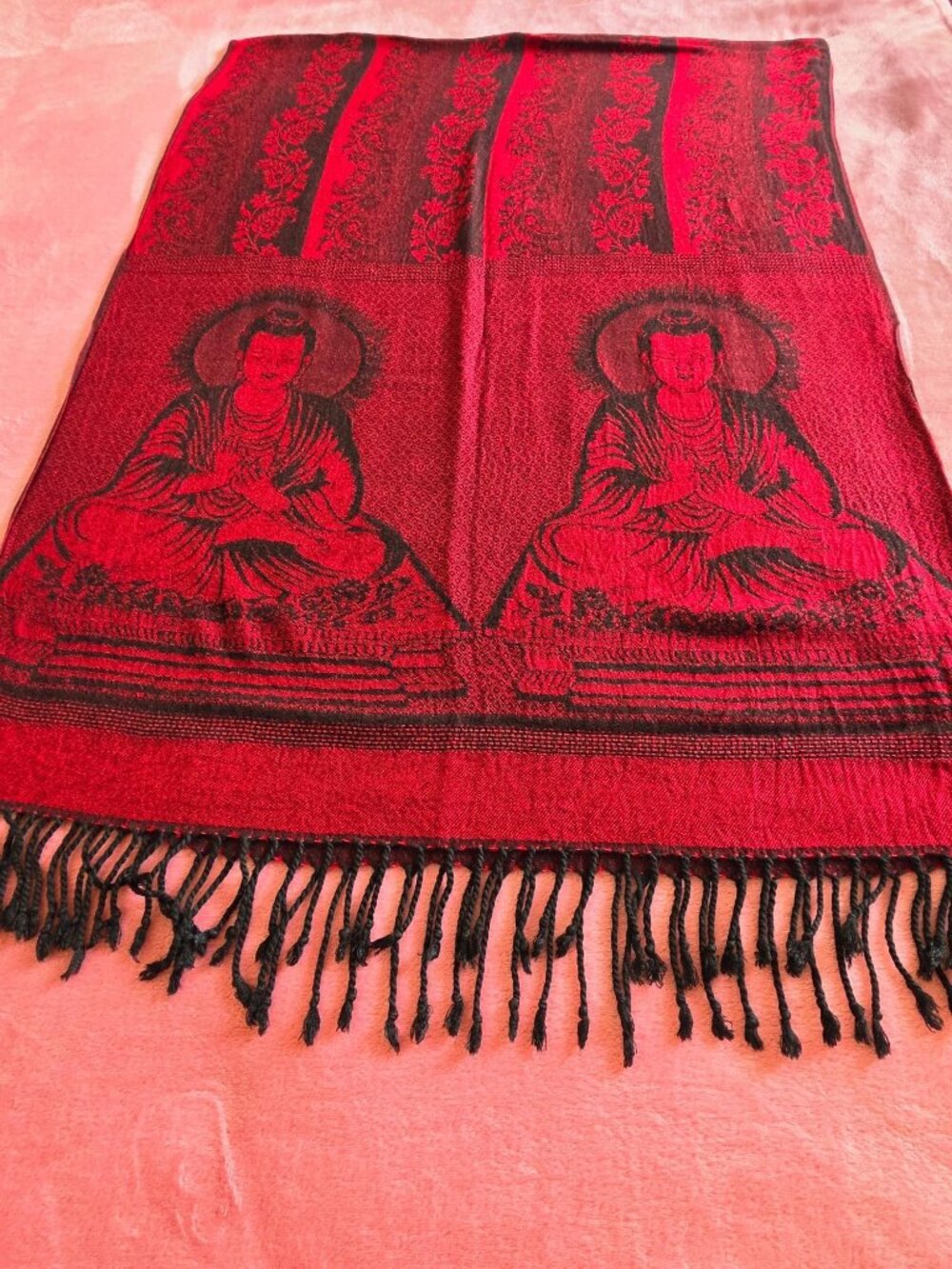 Buddha Pattern Red & Black Rayon Shawl Scarf Wrap With Fringe - 70" x 26" - Picture 10 of 12